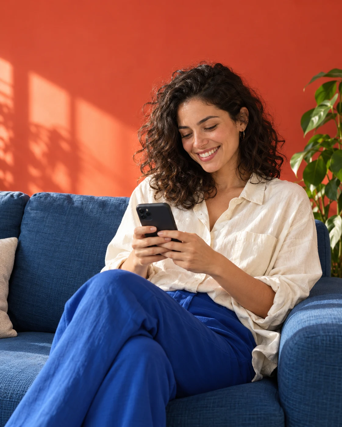 Una mujer sonríe mientras usa su celular, sentada en el sillón de su casa